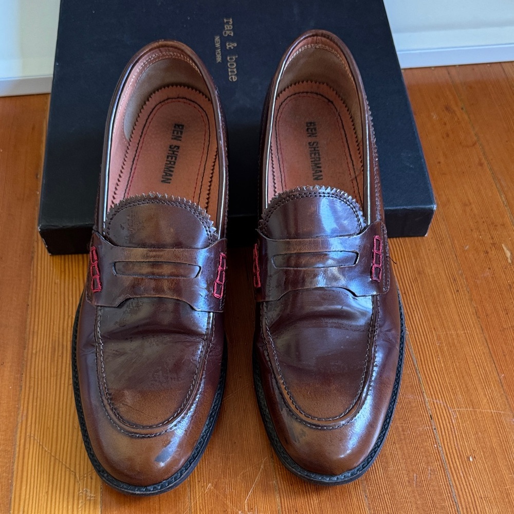 Ben Sherman Dark Brown Leather Loafers with Red Stitching